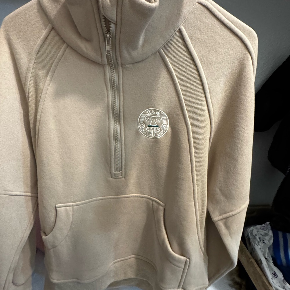 Beige Half-Zip Hoodie with Embroidered Logo